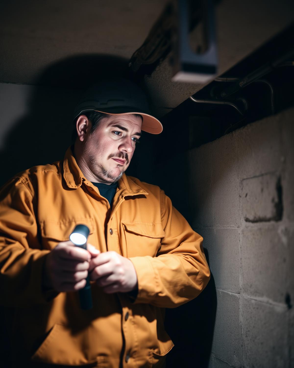 Owner-operator inspecting a basement wall with a flashlight.